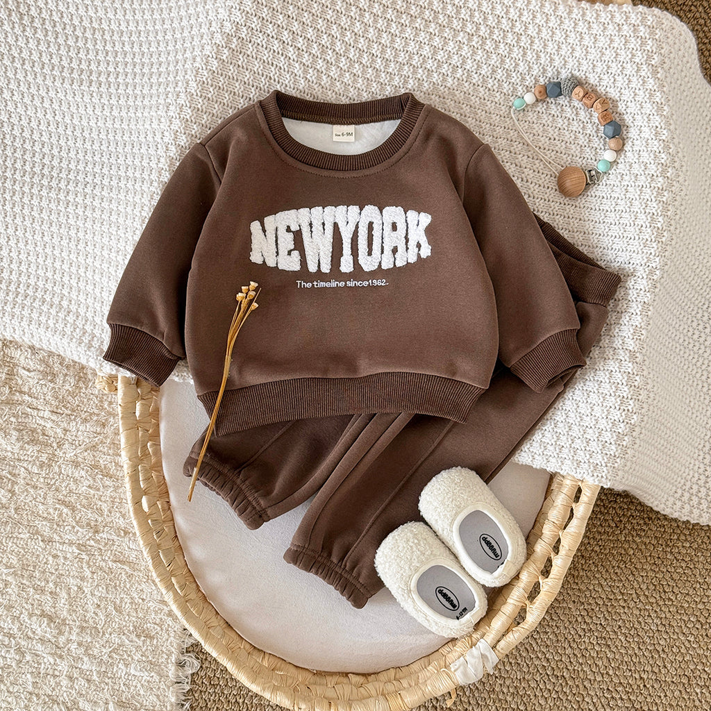 Dark Brown Toddler Fleece 2Pcs Letter Sweatshirt Pocket Jogger Warm Outfit