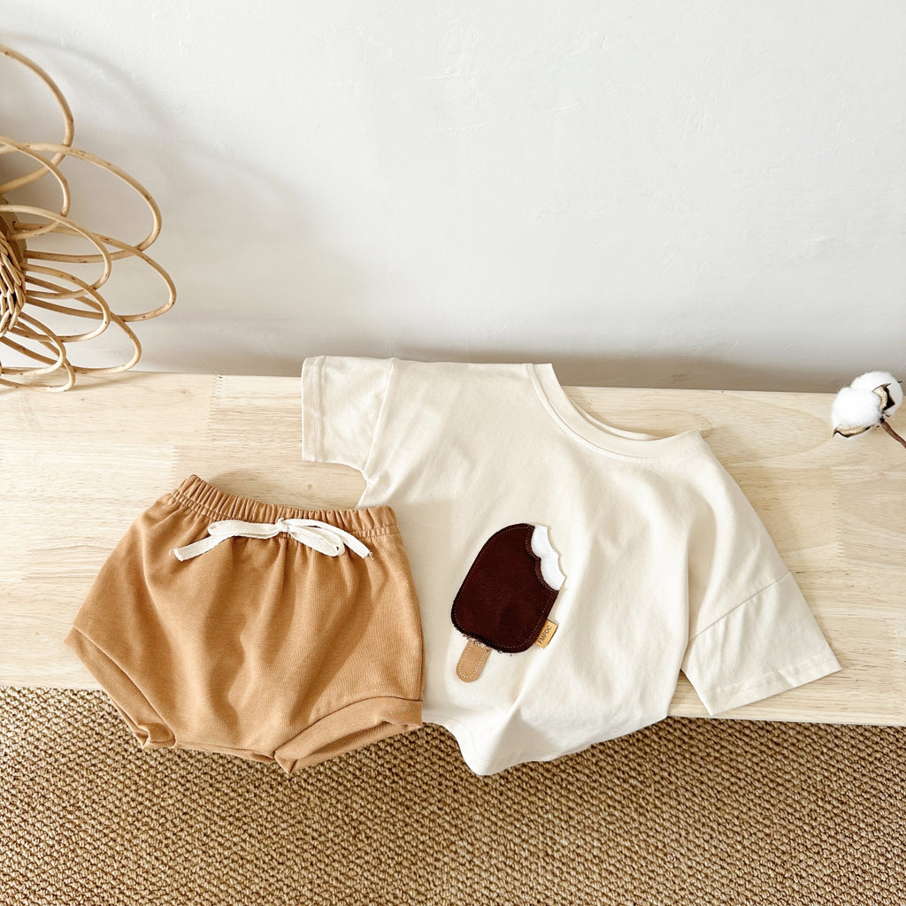 Summer Cute Ice Cream Applique Short Sleeve T-shirt & Shorts