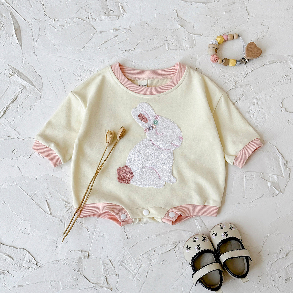 Baby Rabbit Flower Embroidered Cotton Blend Triangle Romper Spring Autumn 0-18 Months Old