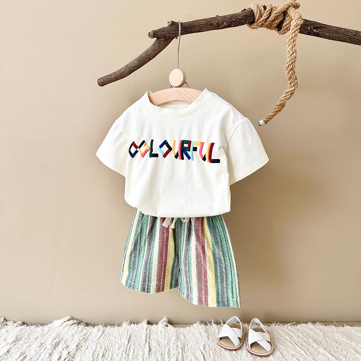 Summer Casual Embroidery Short Sleeve T-shirt & Colorful Shorts