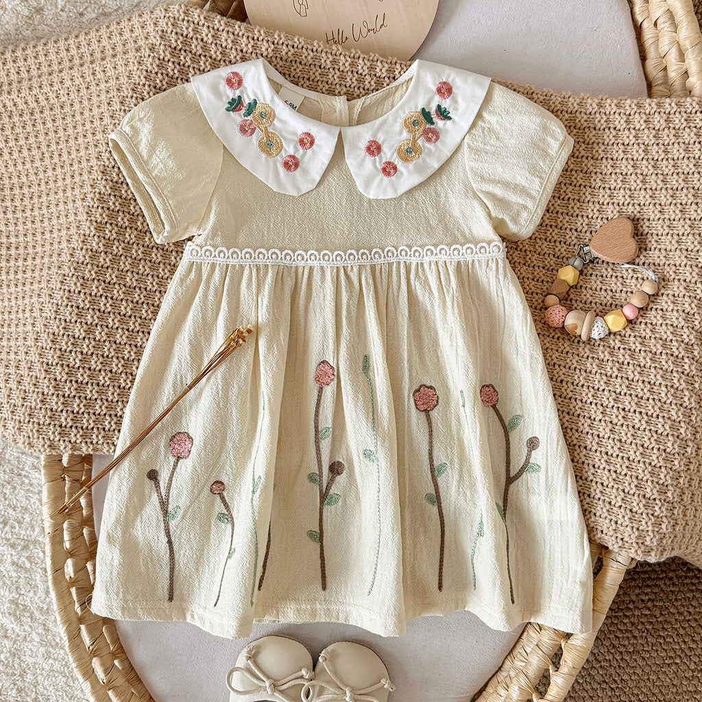Floral Embroidery Peter Pan Collar Baby Girl Dress