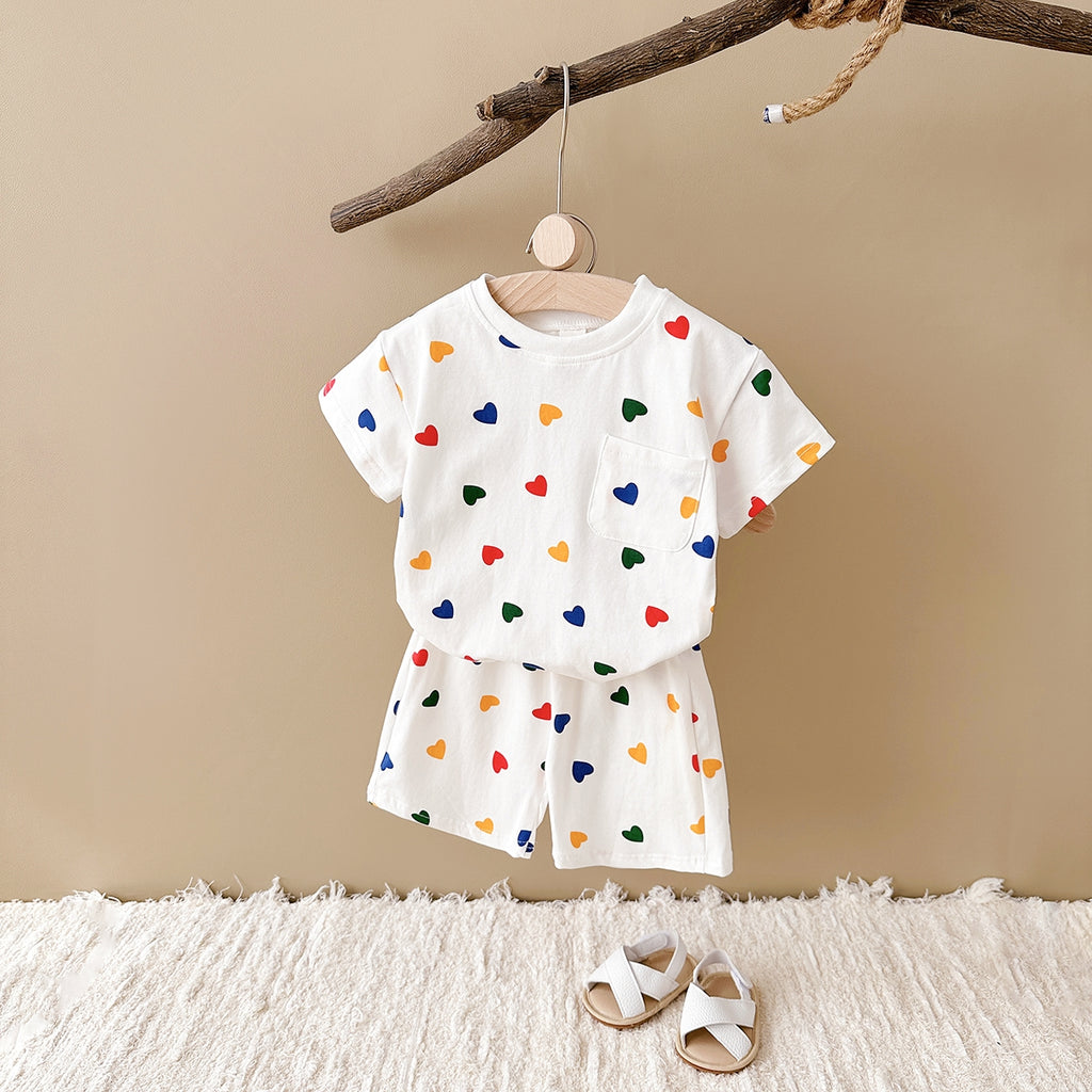 Sweet Rainbow Tiny Heart Girls Set Pocket Cotton Summer Baby 2Pcs Suit