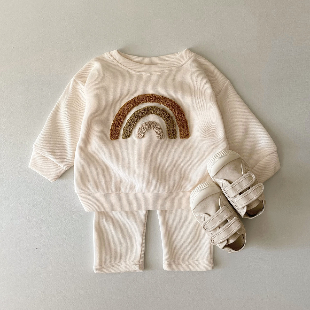 Cream Waffle Baby Set Earth Tone Rainbow Towel Embroidery Newborn 2Pcs