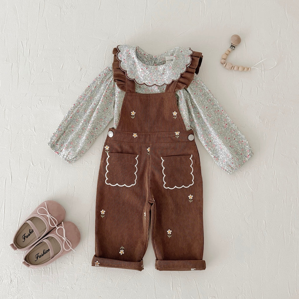 Brown flower embroidery baby girl onesie
