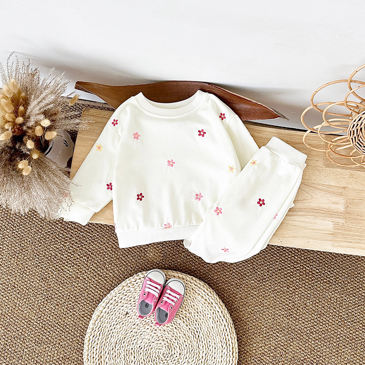 Toddler All-over Color Flower Outfit, Sweatshirt & Pants 2Pcs