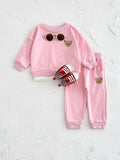 Soft Pink Bear Embroidery Baby Sweatshirt Set Korean Girls 2Pcs Outfit