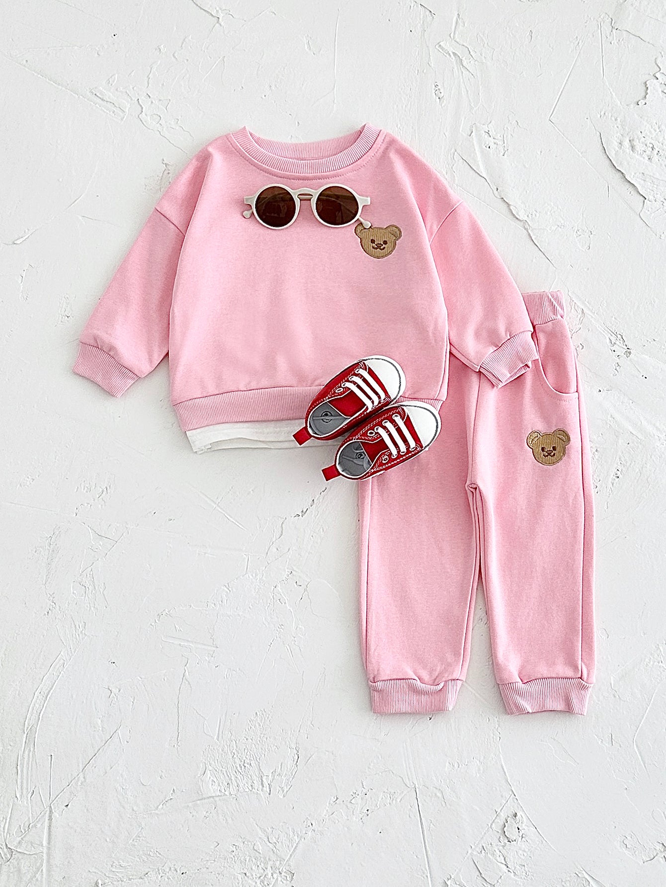 Soft Pink Bear Embroidery Baby Sweatshirt Set Korean Girls 2Pcs Outfit