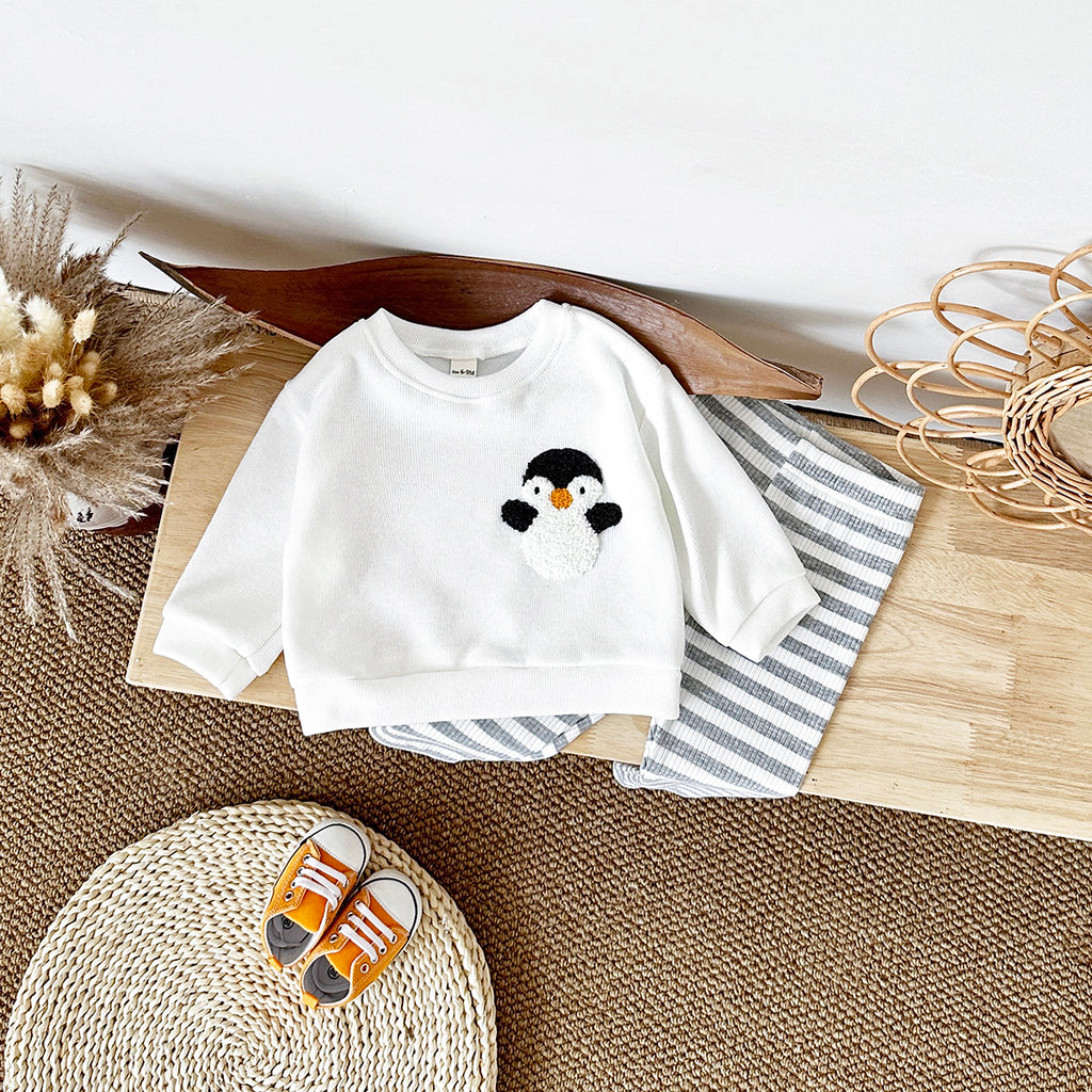 Infant Crew Neck Animal Sweatshirt With Striped Stretch Pants