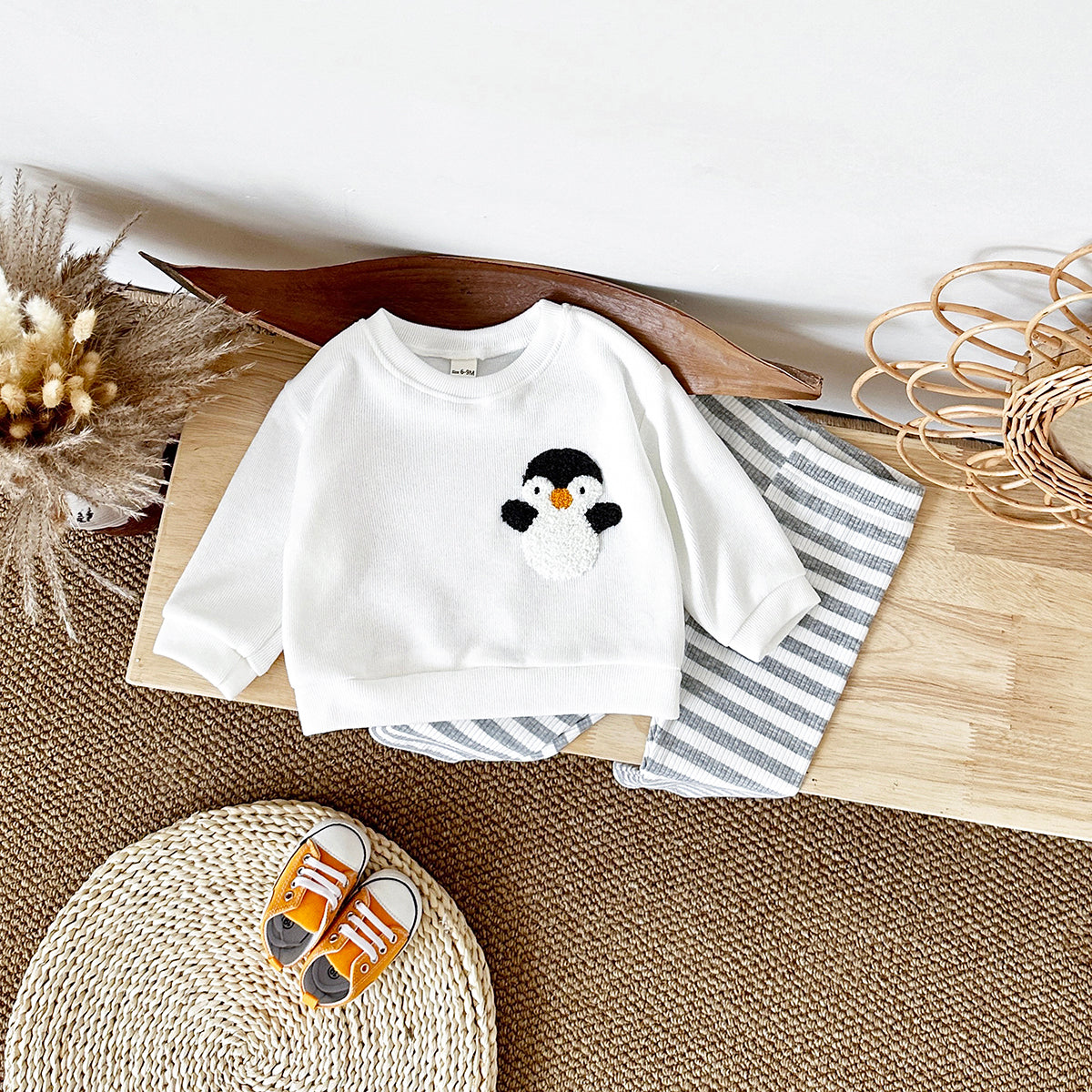 Infant Crew Neck Animal Sweatshirt With Striped Stretch Pants