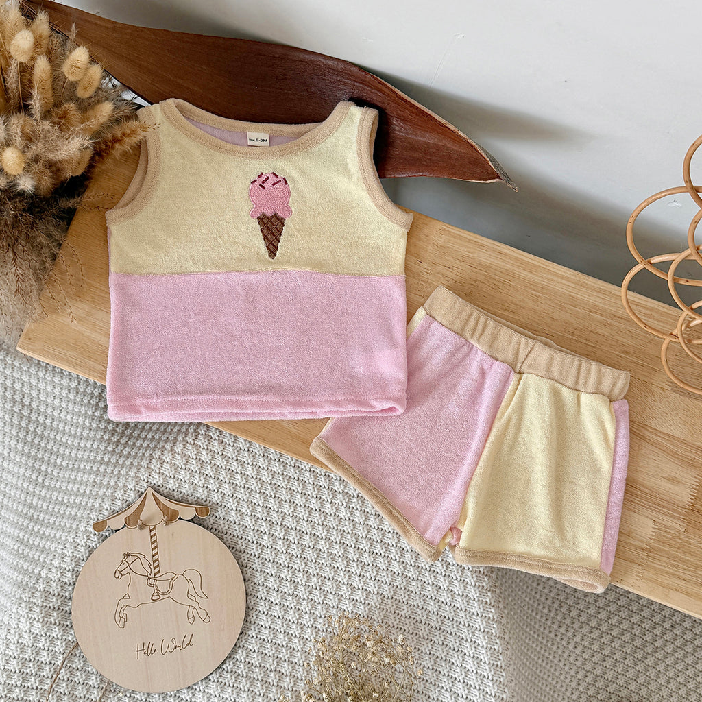 Cute Ice Cream Embroidered Baby Terry Tank Top & Shorts