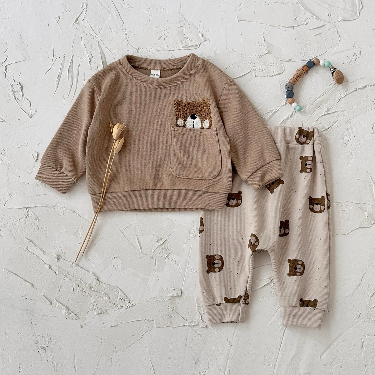 Baby Bear Embroidered Top and Printed Pants Outfit Set 6Months-3Years