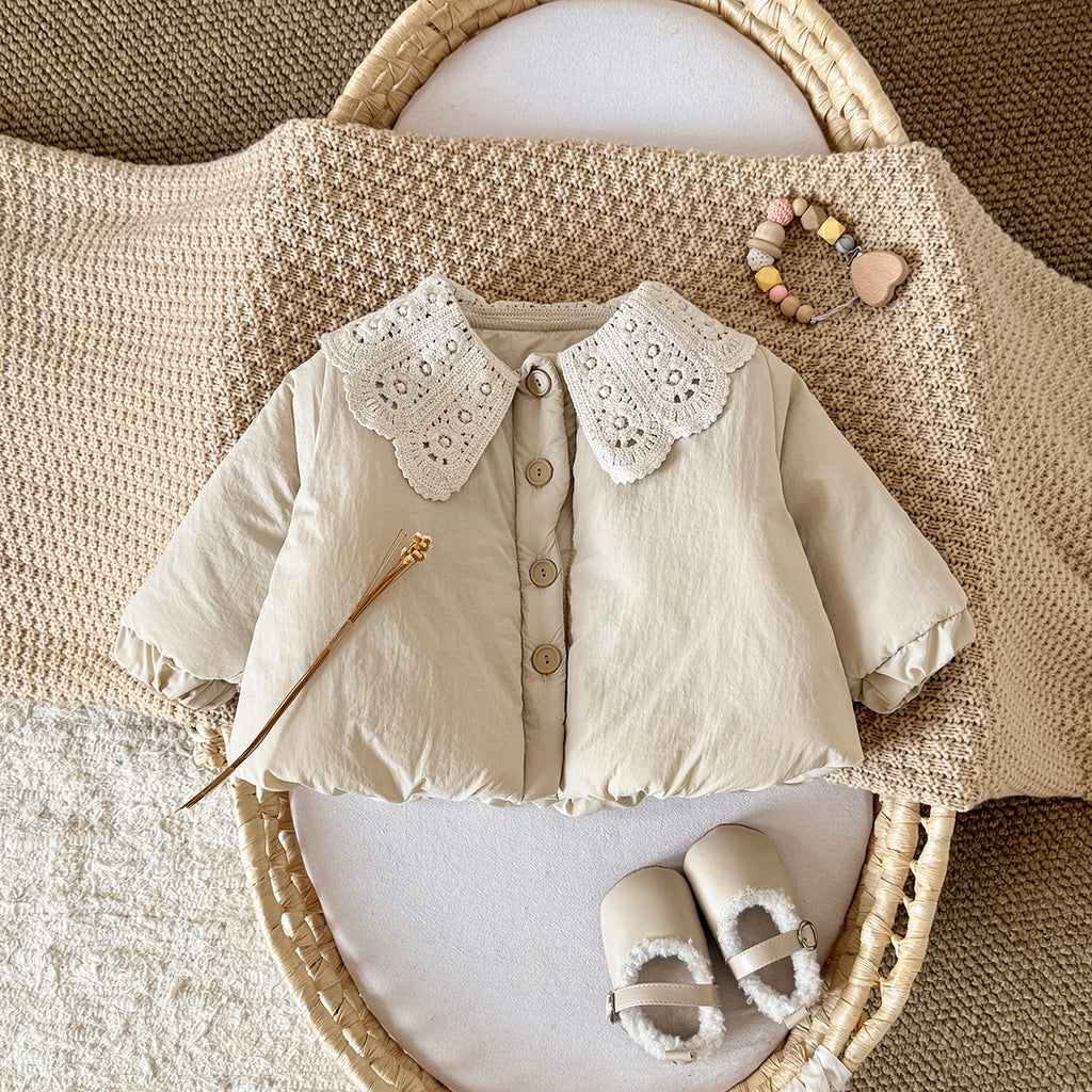Solid Beige Kids Winter Quilted Coat Pretty Lace Collar Baby Girl Warm Coat