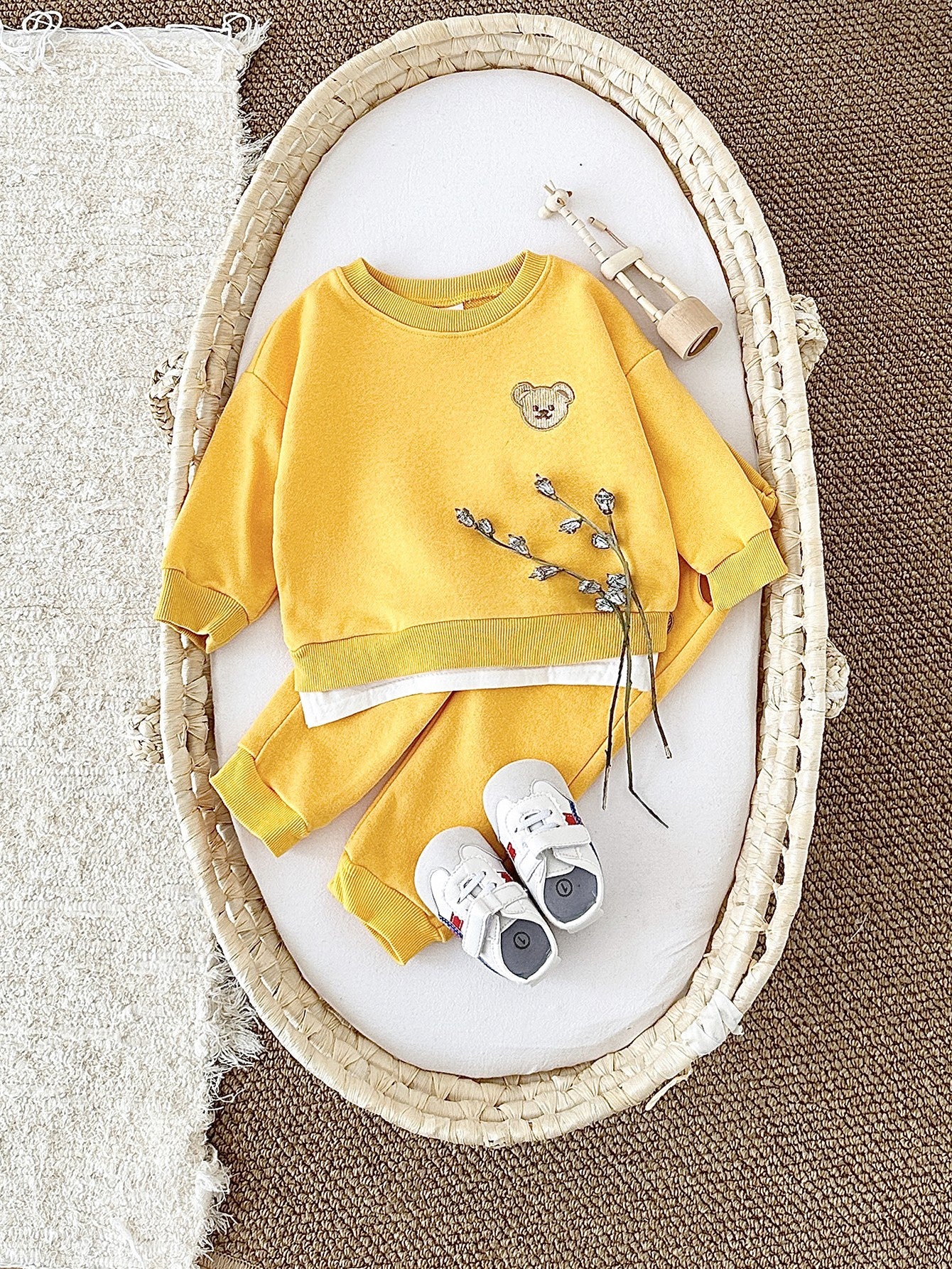 Soft Pink Bear Embroidery Baby Sweatshirt Set Korean Girls 2Pcs Outfit