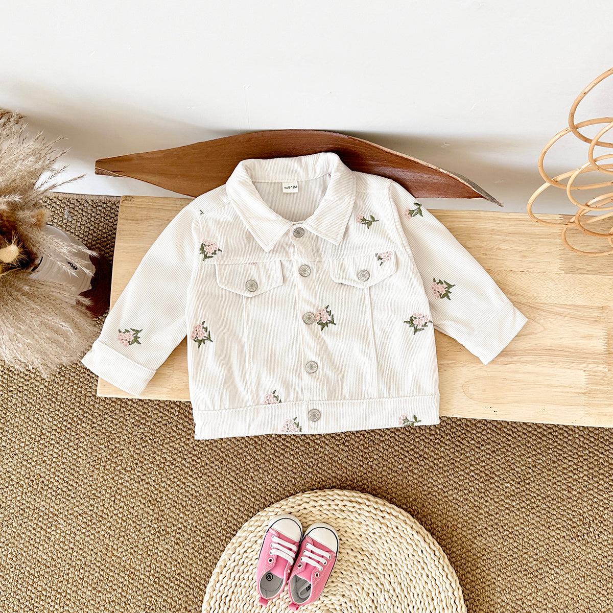 Simple Vintage Girls Corduroy Jacket, All-over Floral Embroidery Baby Coat