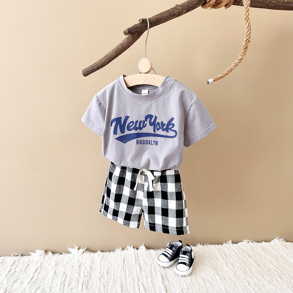 Summer Letter Print Short Sleeve T-shirt & Plaid Shorts