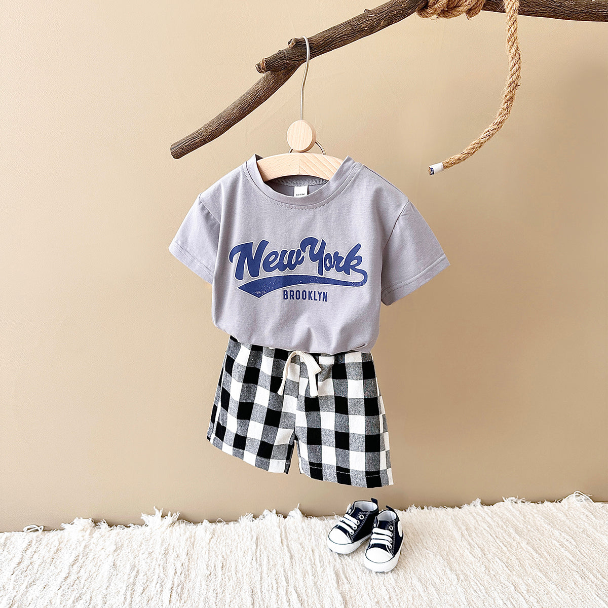 Summer Letter Print Short Sleeve T-shirt & Plaid Shorts