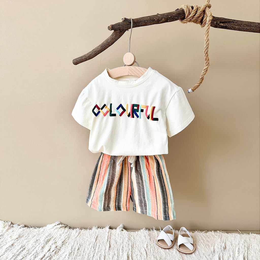 Summer Casual Embroidery Short Sleeve T-shirt & Colorful Shorts