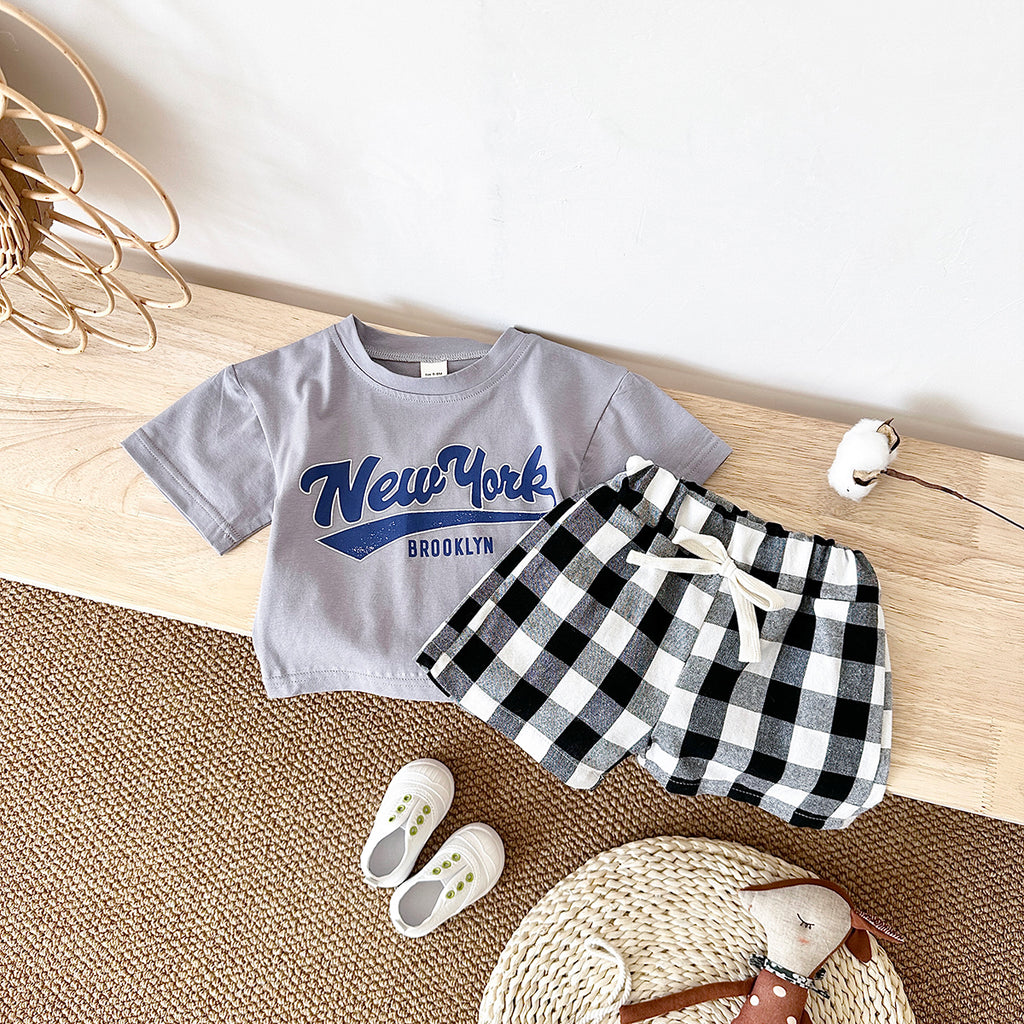 Summer Letter Print Short Sleeve T-shirt & Plaid Shorts