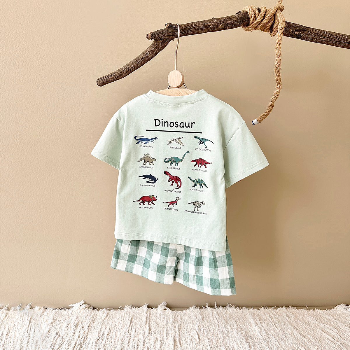 Summer Cartoon Dinosaur Print Short Sleeve T-shirt & Plaid Shorts