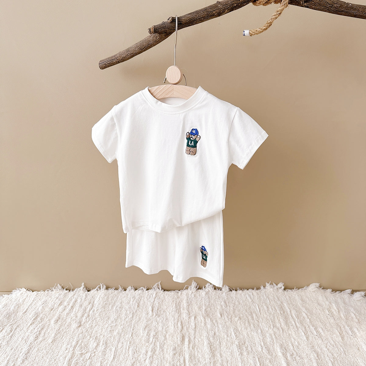 Summer Bear Embroidery Short Sleeve Tee Set