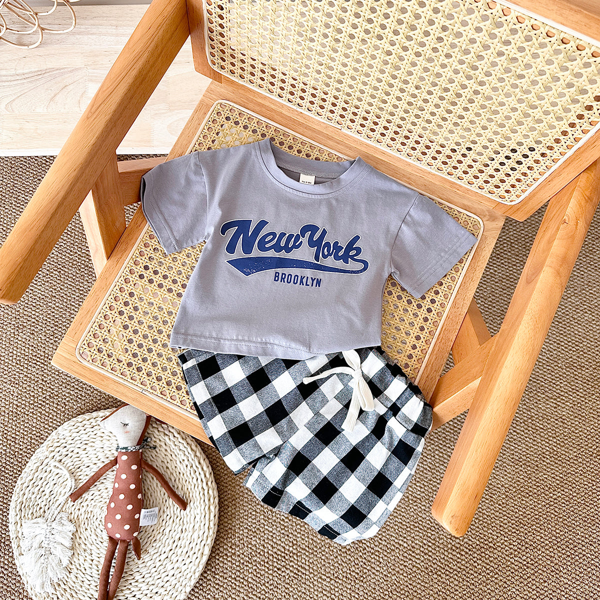 Summer Letter Print Short Sleeve T-shirt & Plaid Shorts