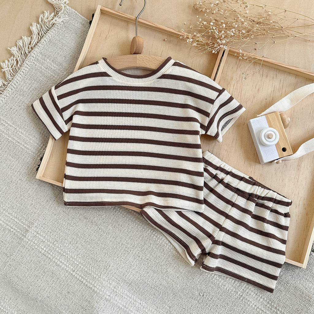 Baby Waffle Striped Tee & Shorts 2 Piece Summer Outfit