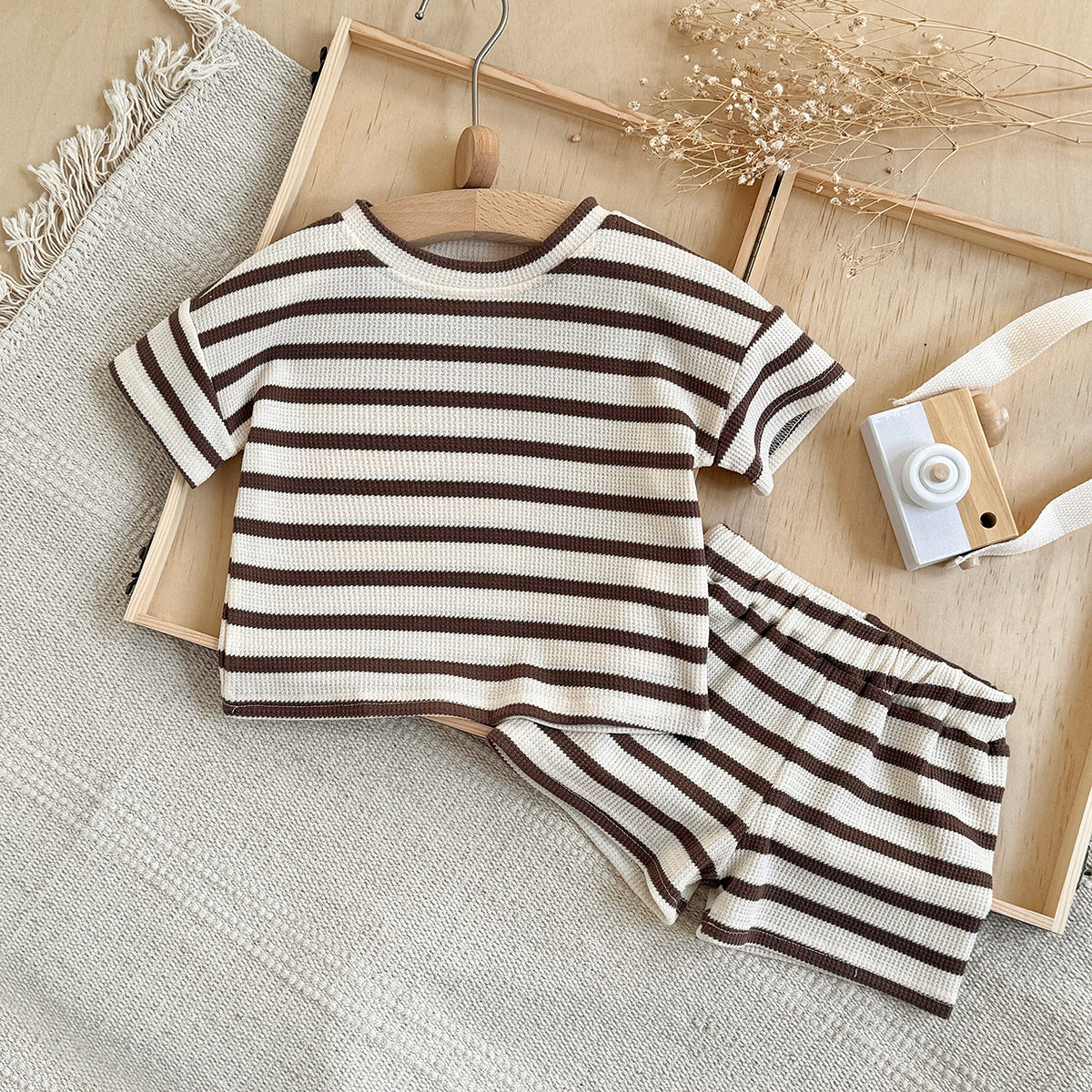 Baby Waffle Striped Tee & Shorts 2 Piece Summer Outfit