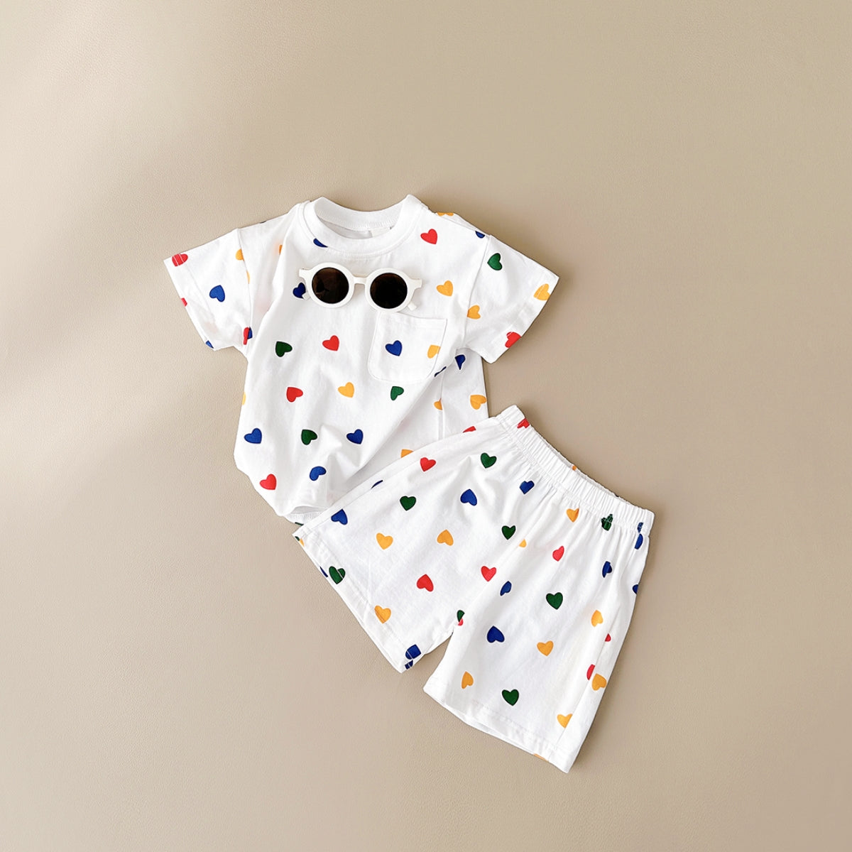 Sweet Rainbow Tiny Heart Girls Set Pocket Cotton Summer Baby 2Pcs Suit