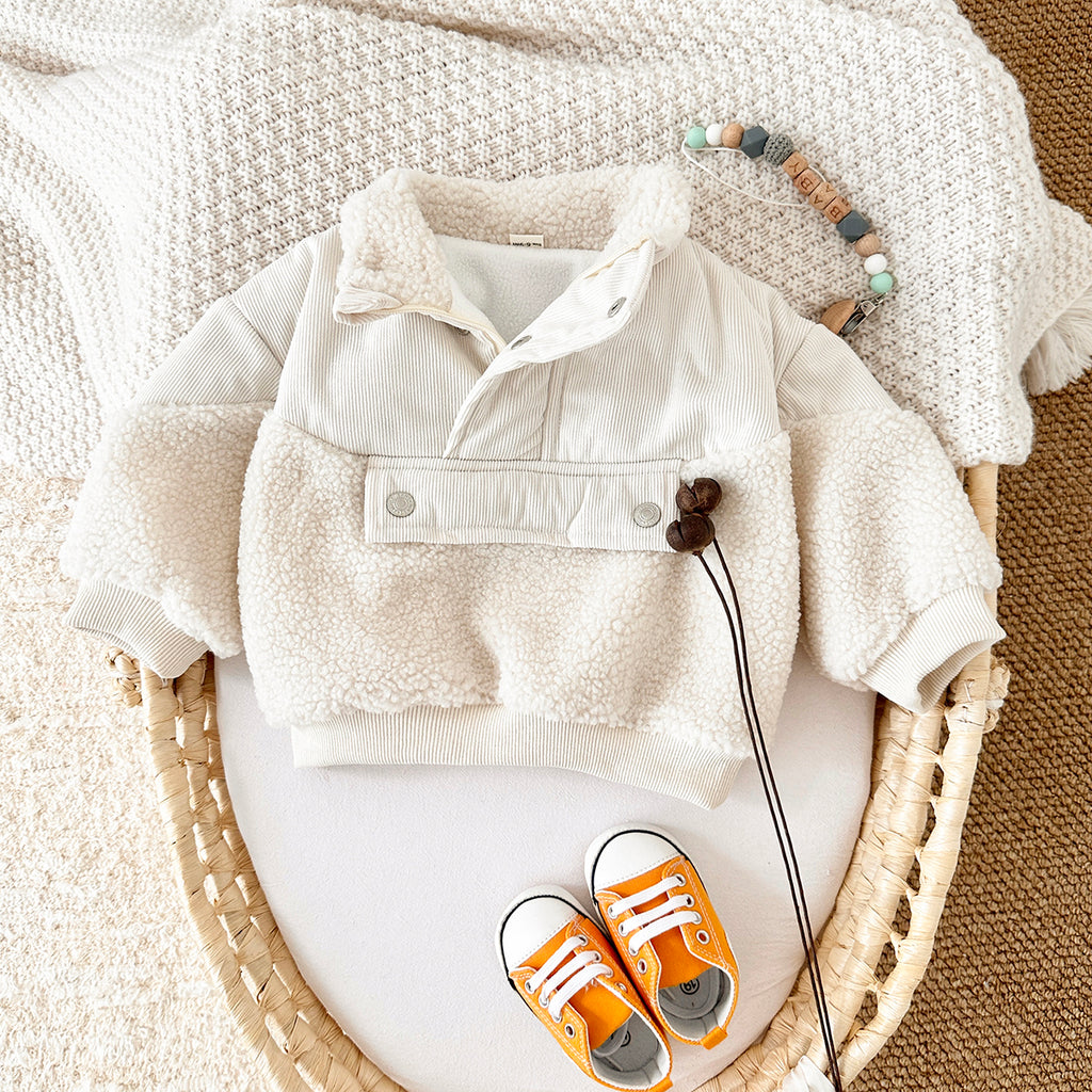 Cute Baby Sherpa Spliced Coat, Corduroy Kids Top With Front Pocket