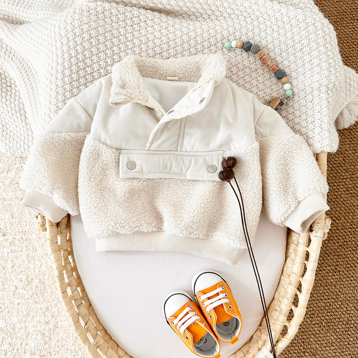 Cute Baby Sherpa Spliced Coat, Corduroy Kids Top With Front Pocket