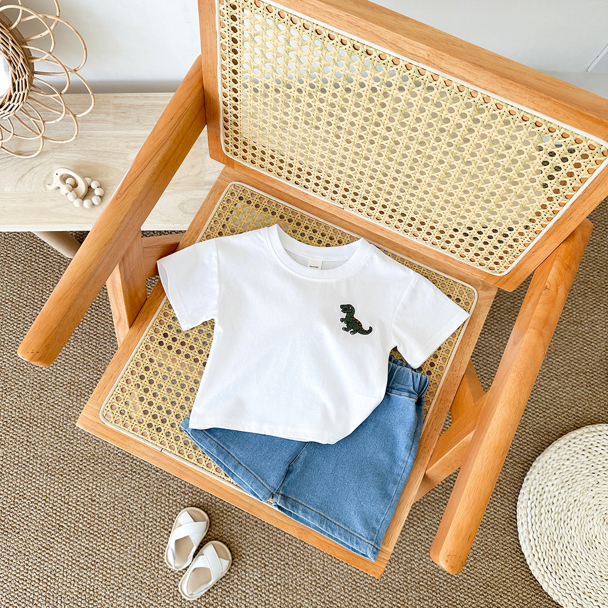 Summer Dinosaur Embroidery Short Sleeve T-shirt & Jeans