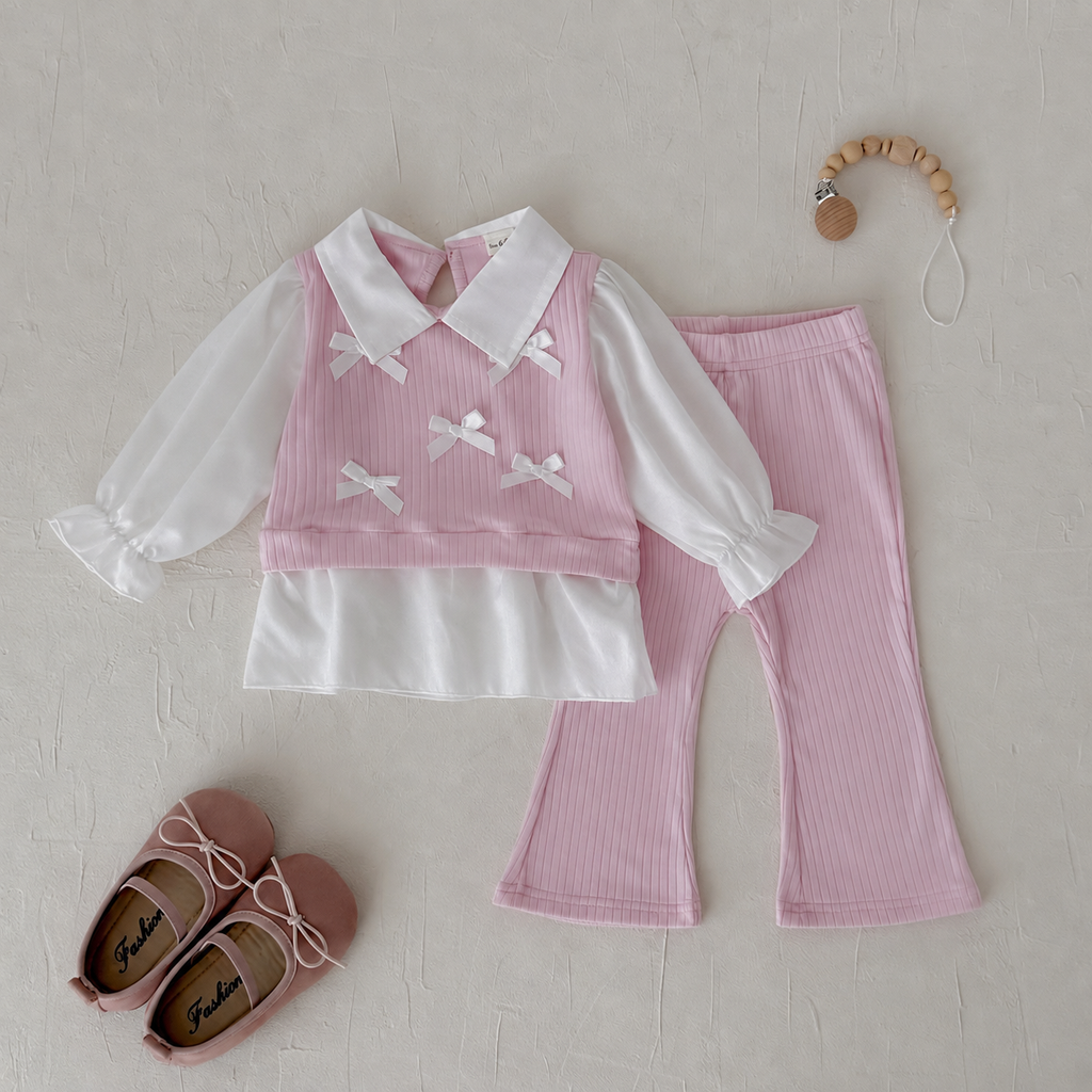 Bow Decor Fake Two-Piece Set for Baby Girls