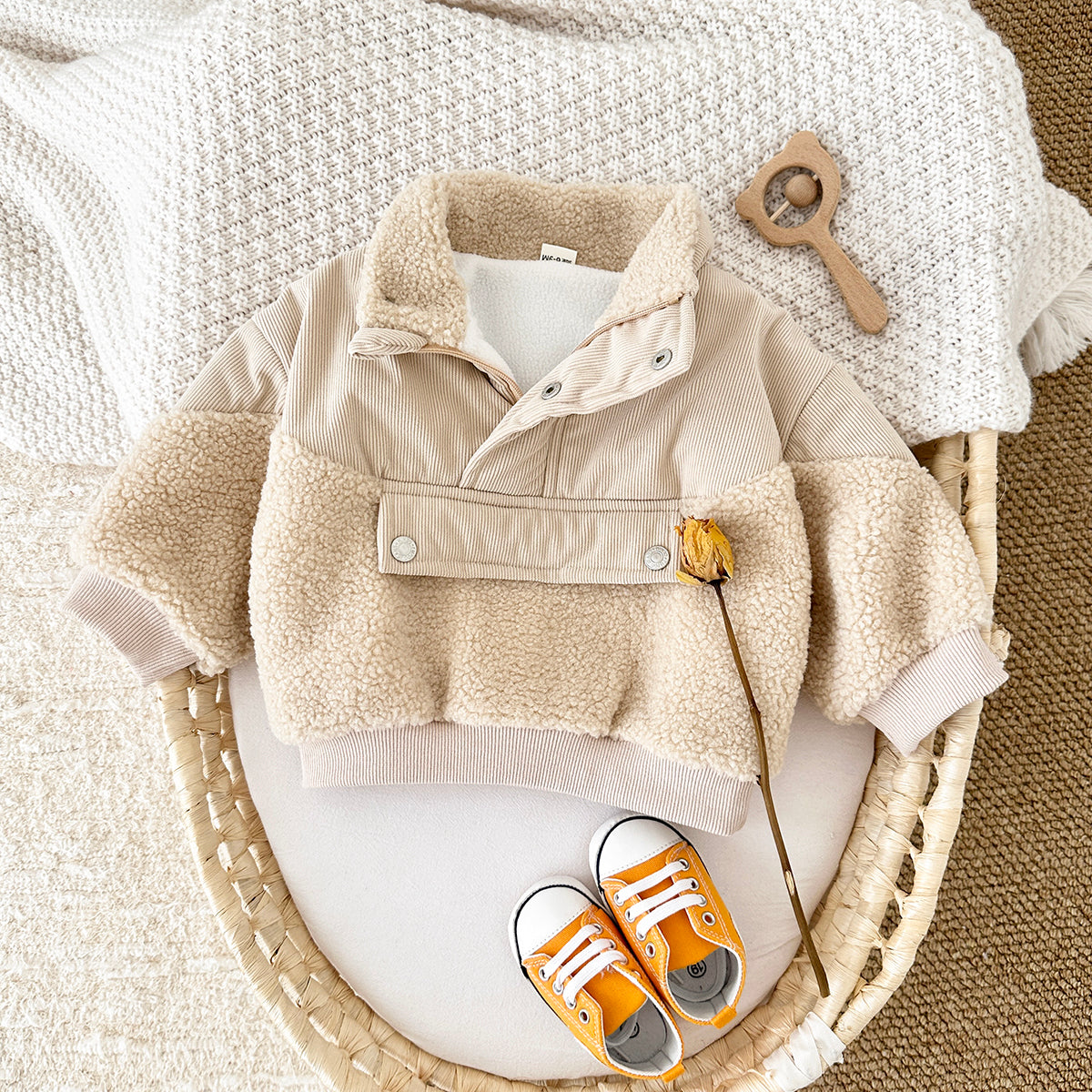 Cute Baby Sherpa Spliced Coat, Corduroy Kids Top With Front Pocket