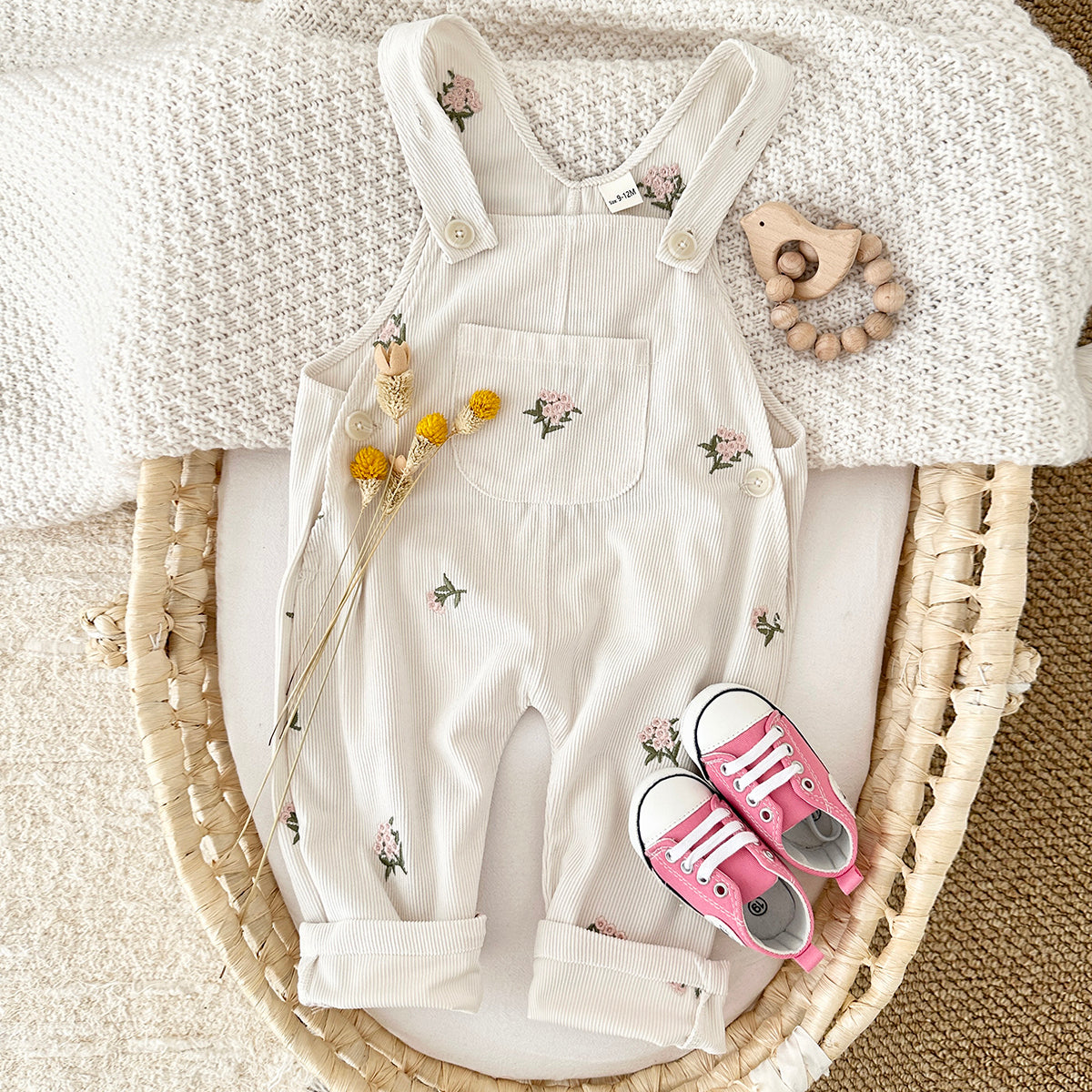 Baby Girl 2 Tone Embroidered Overalls, Loose Versatile Infant Trousers