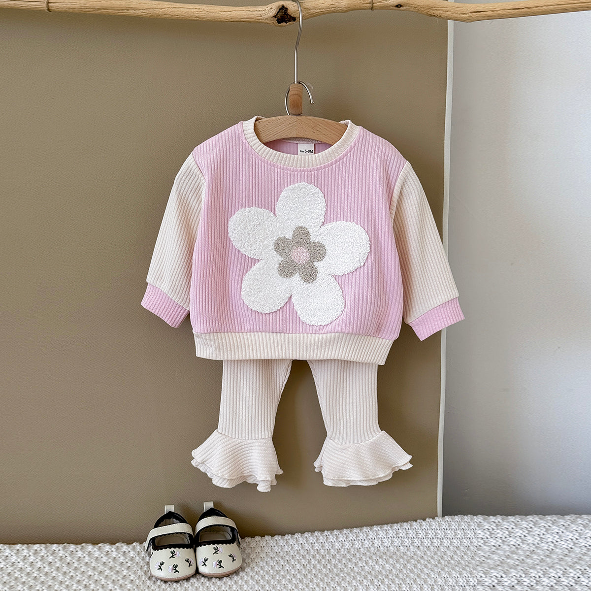 Baby Girl 3D Flower Embroidered Ribbed Long Sleeve Top and Ruffle Flared Pants Set Autumn 0-3 Years Old