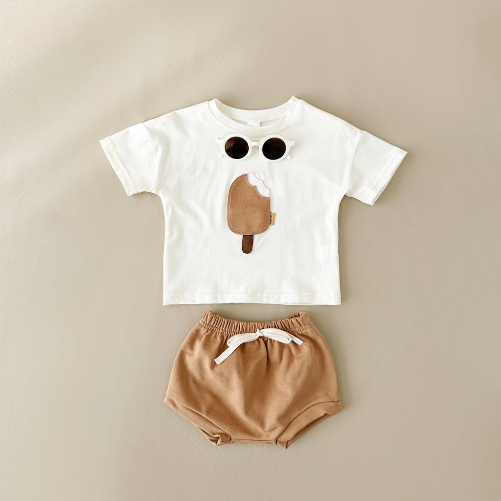 Summer Cute Ice Cream Applique Short Sleeve T-shirt & Shorts