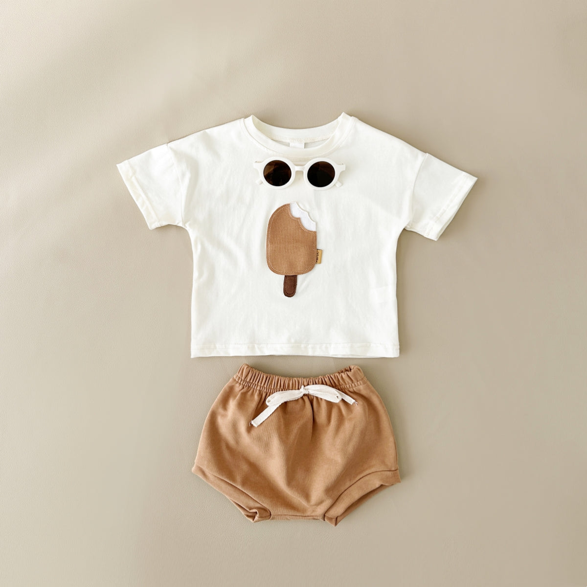 Summer Cute Ice Cream Applique Short Sleeve T-shirt & Shorts