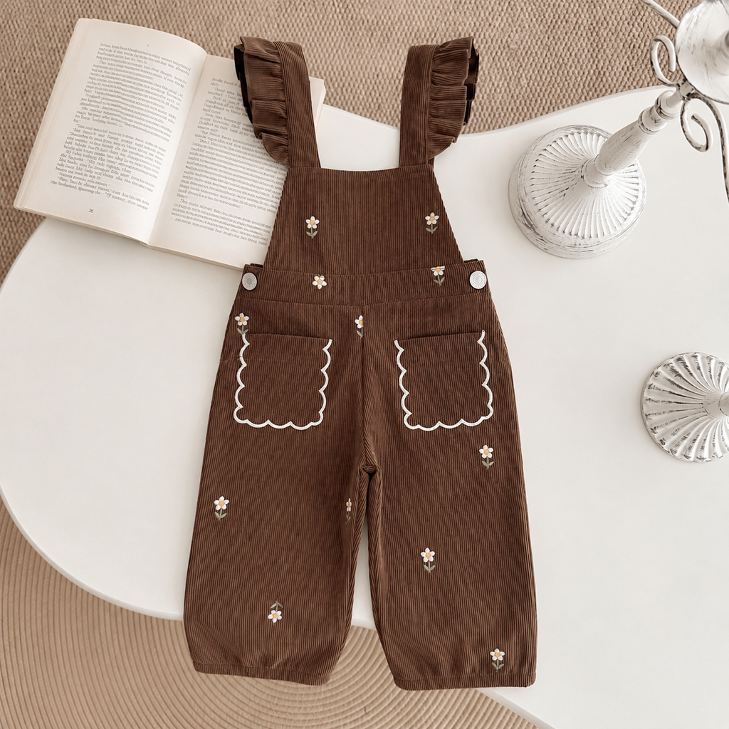 Baby girl brown flower embroidered corduroy overalls 0-3 years old