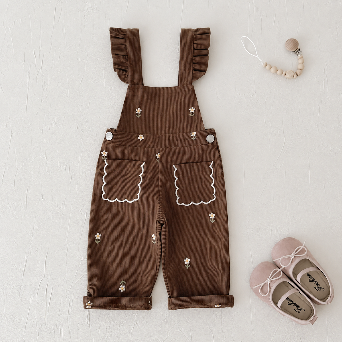 Baby girl brown flower embroidered corduroy overalls 0-3 years old