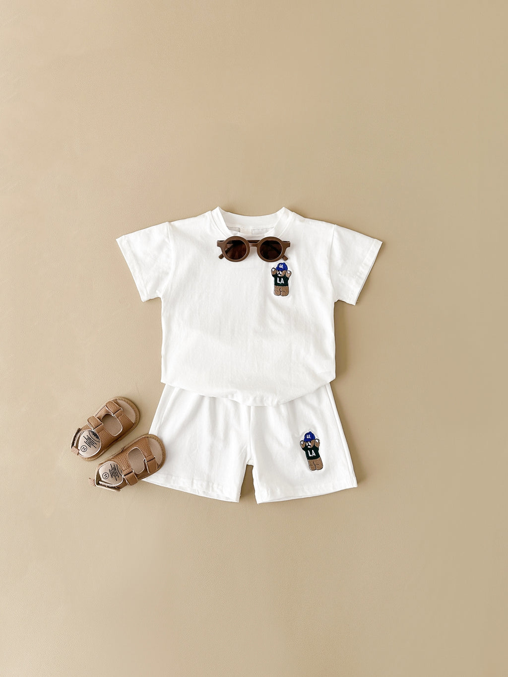Korean Simple White Baby Summer Clothes Cotton Bear Infant Loungewear