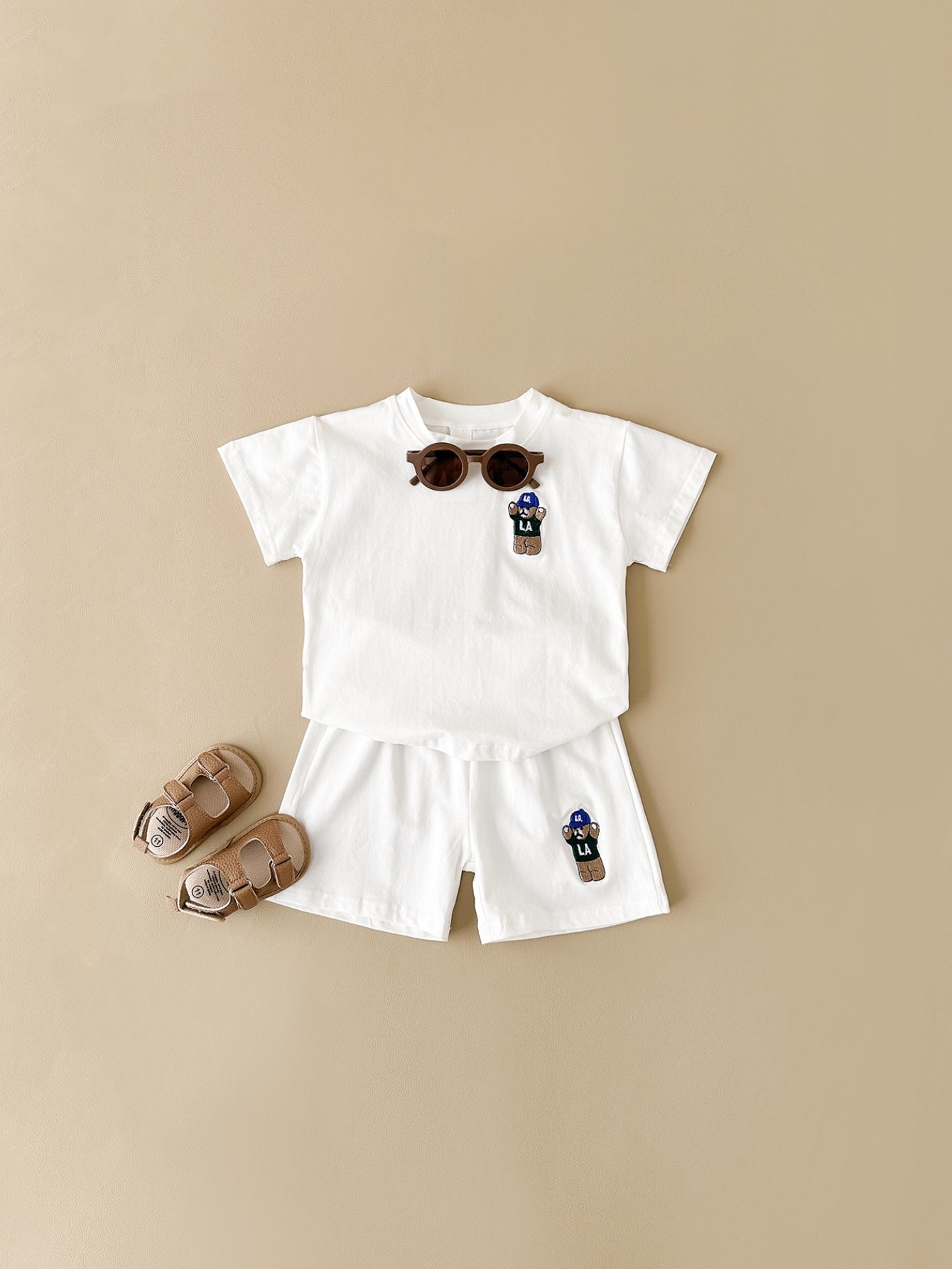 Korean Simple White Baby Summer Clothes Cotton Bear Infant Loungewear