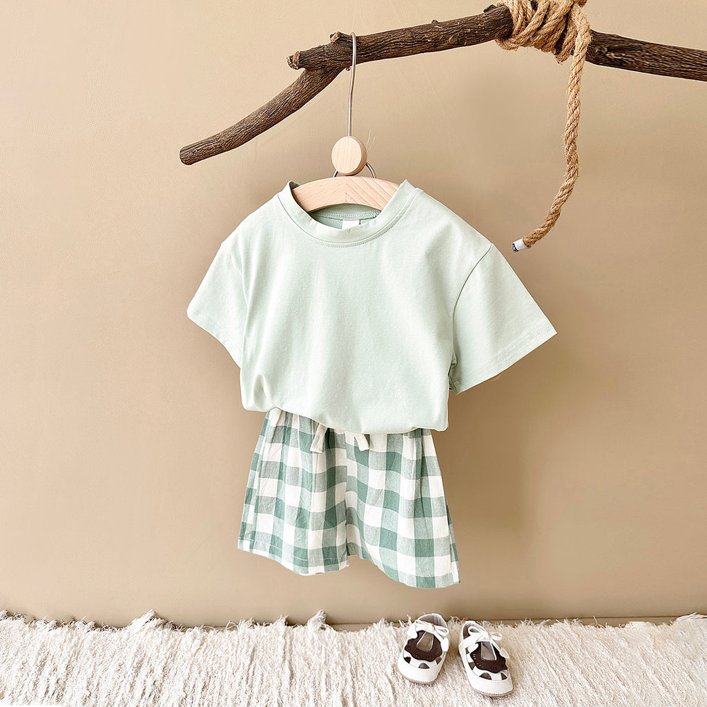 Summer Cartoon Dinosaur Print Short Sleeve T-shirt & Plaid Shorts