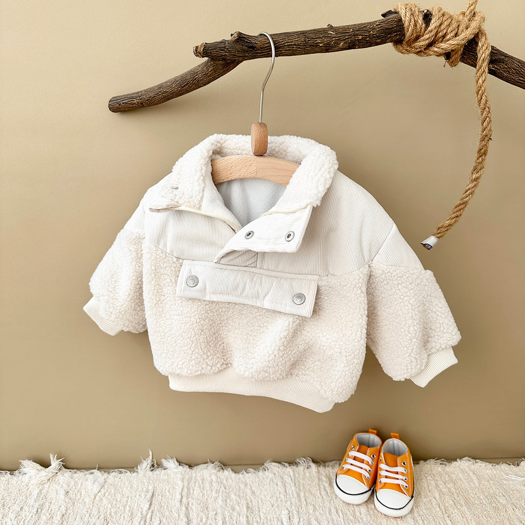 Cute Baby Sherpa Spliced Coat, Corduroy Kids Top With Front Pocket