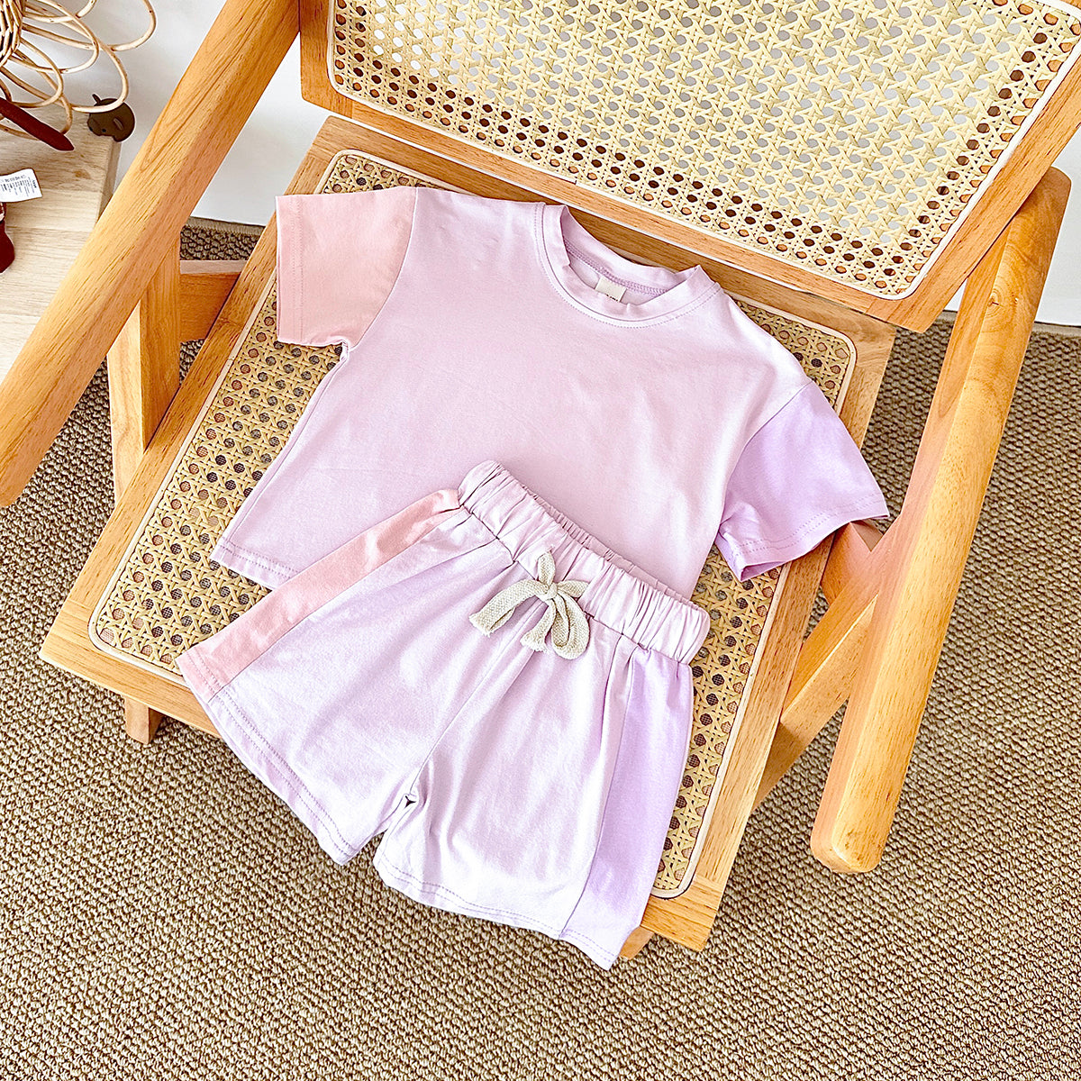 Summer Gradient Color Spliced Short Sleeve 2-Piece Set for Baby Boys & Girls