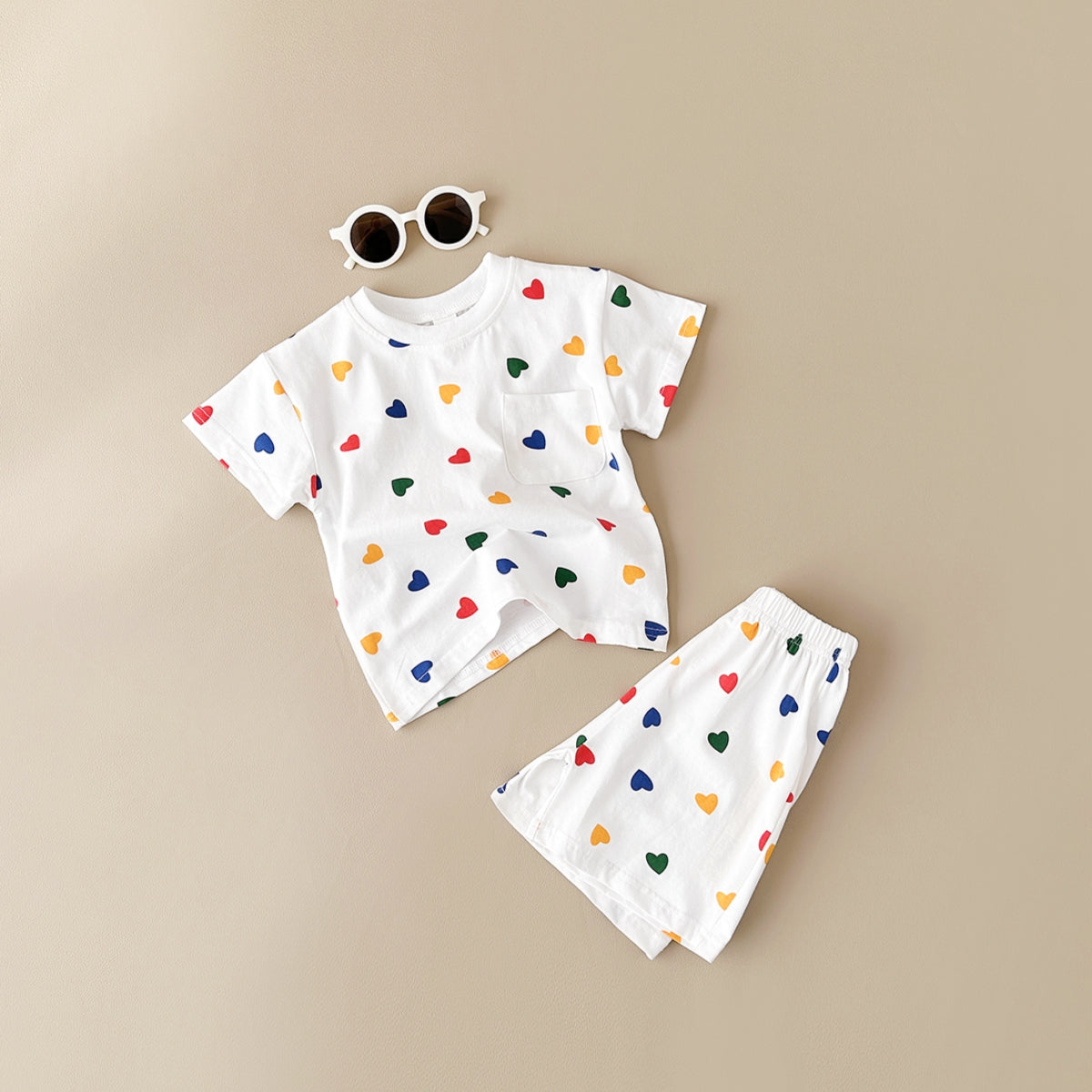 Sweet Rainbow Tiny Heart Girls Set Pocket Cotton Summer Baby 2Pcs Suit
