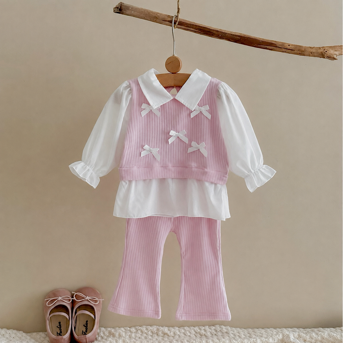 Bow Decor Fake Two-Piece Set for Baby Girls