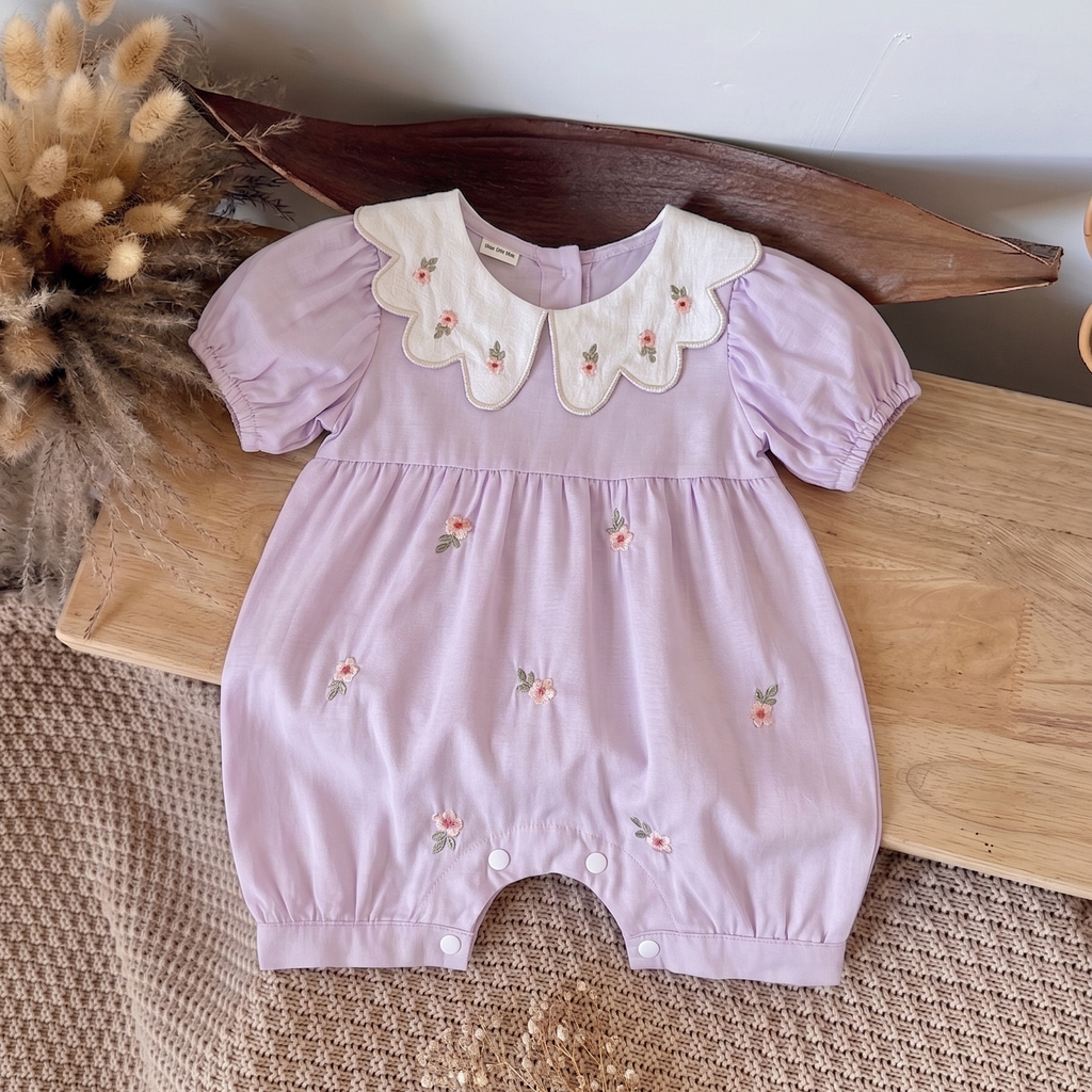 Puff Sleeve Baby Romper Floral Embroidery Peter Pan Collar Bodysuit