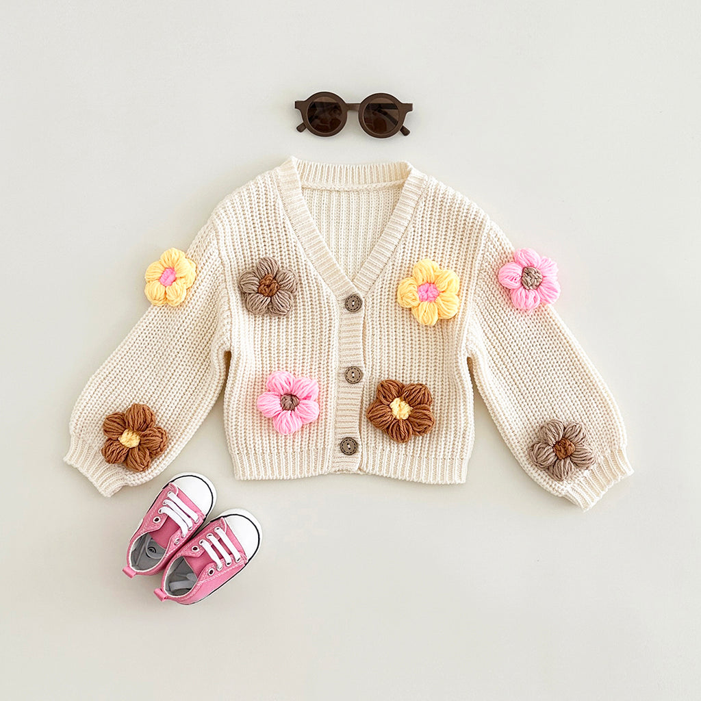 Cute Baby 3D Color Flower Cardigan, Soft Thick Knit Girls Outerwear