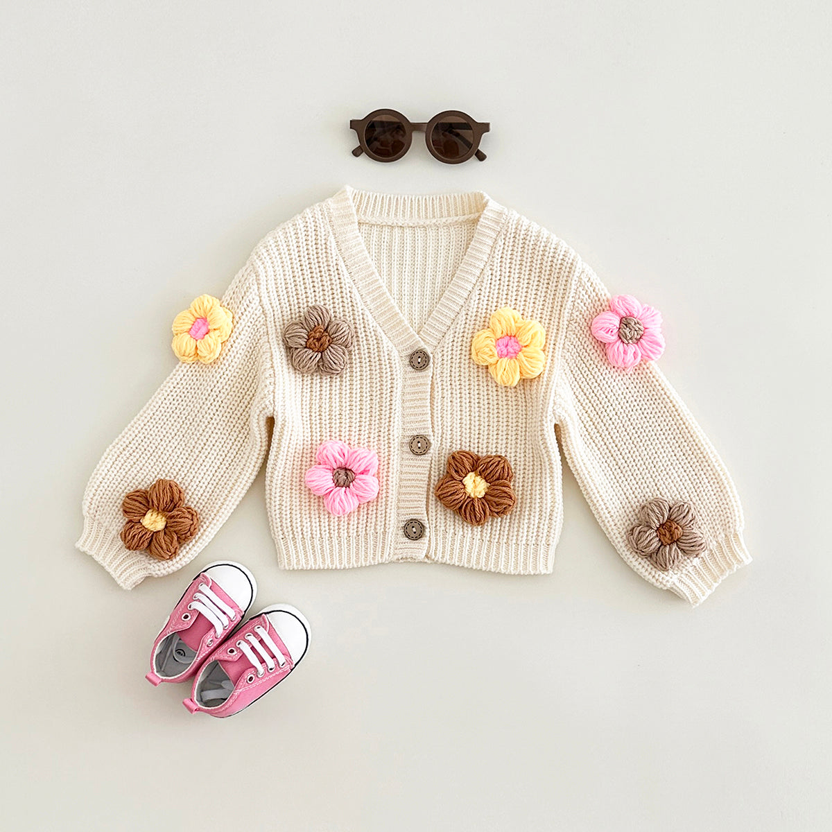 Cute Baby 3D Color Flower Cardigan, Soft Thick Knit Girls Outerwear
