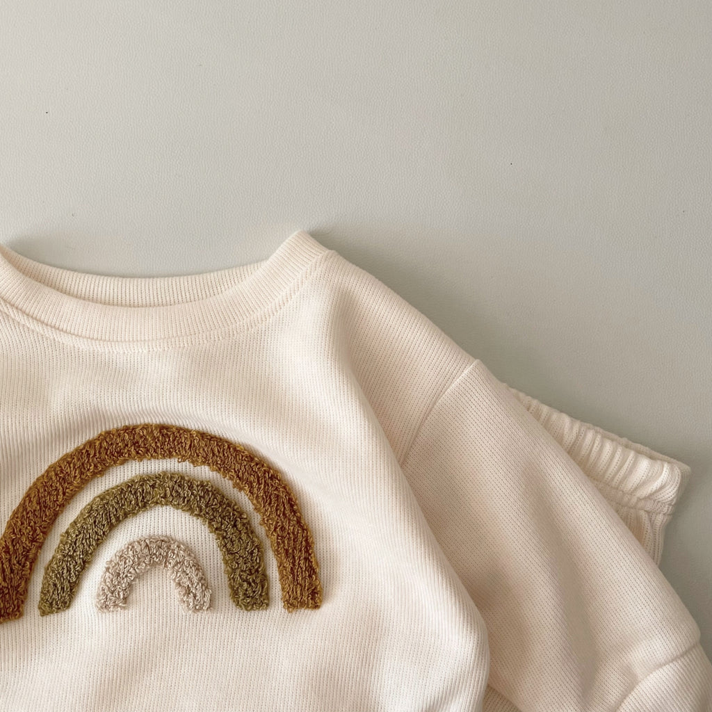 Cream Waffle Baby Set Earth Tone Rainbow Towel Embroidery Newborn 2Pcs